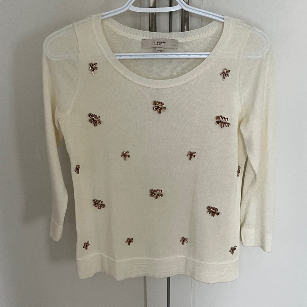 LOFT Ivory Sweater with Floral Accents